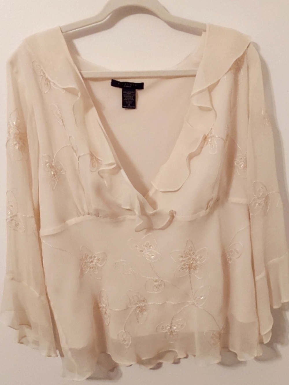 Silkland Blouse, Size 1X, Cream, Sheer, Lined, Embroidery - Picture 1 of 6